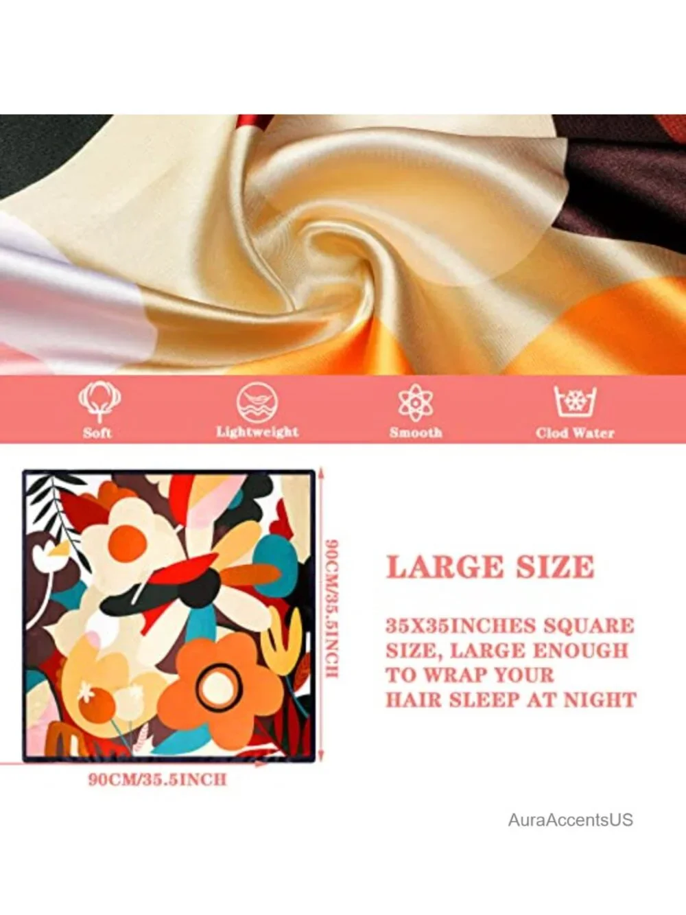 4 Pcs 35'' Large Square Satin Hair Scarf Silk Like Head Wrap Floral Bandana
